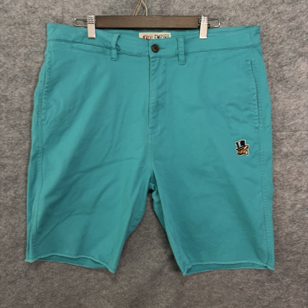 Akoo Empire Chino Cut Off Shorts Mens 36 Teal Blue Raw Hem Logo Stretch